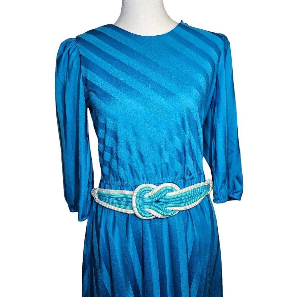 Vintage 80s Lady Carol Dress Womens Size S Disco Office Diagonal Stripe Belted
